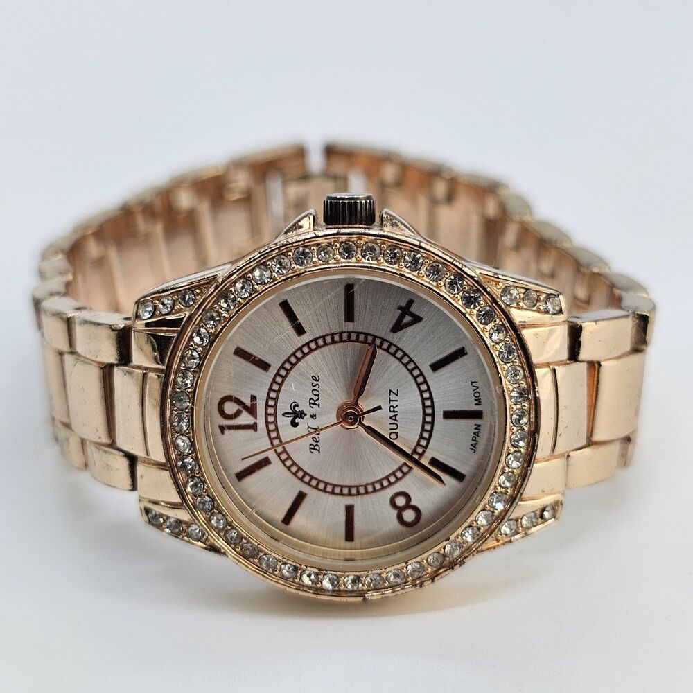 Bell Rose Women's Watch 30MM Gold Dial Gold Bracelet Band 7" New Battery‎